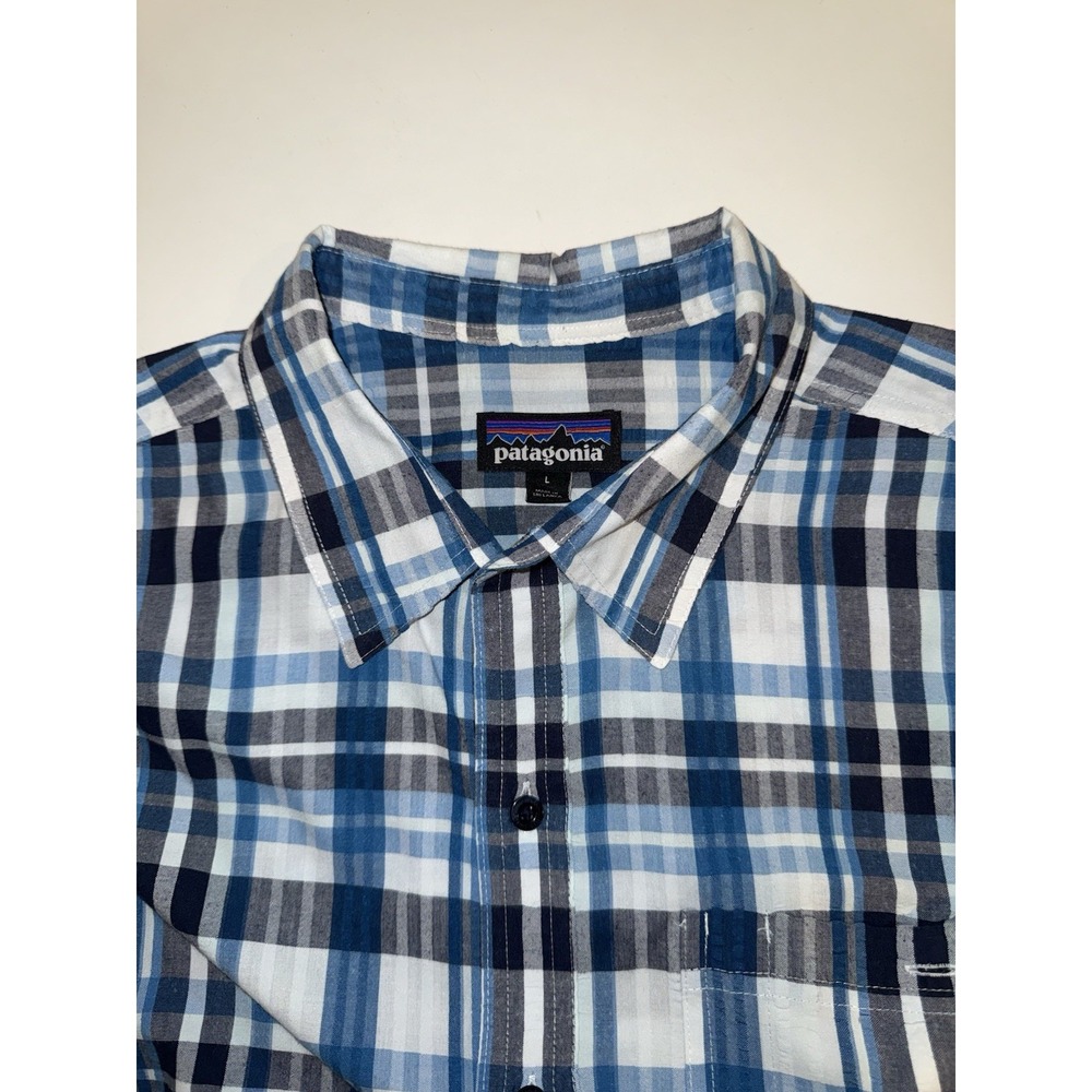 Patagonia Men's Large Plaid Short Sleeve Button Front Shirt Blue Organic Cotton - Picture 7 of 8